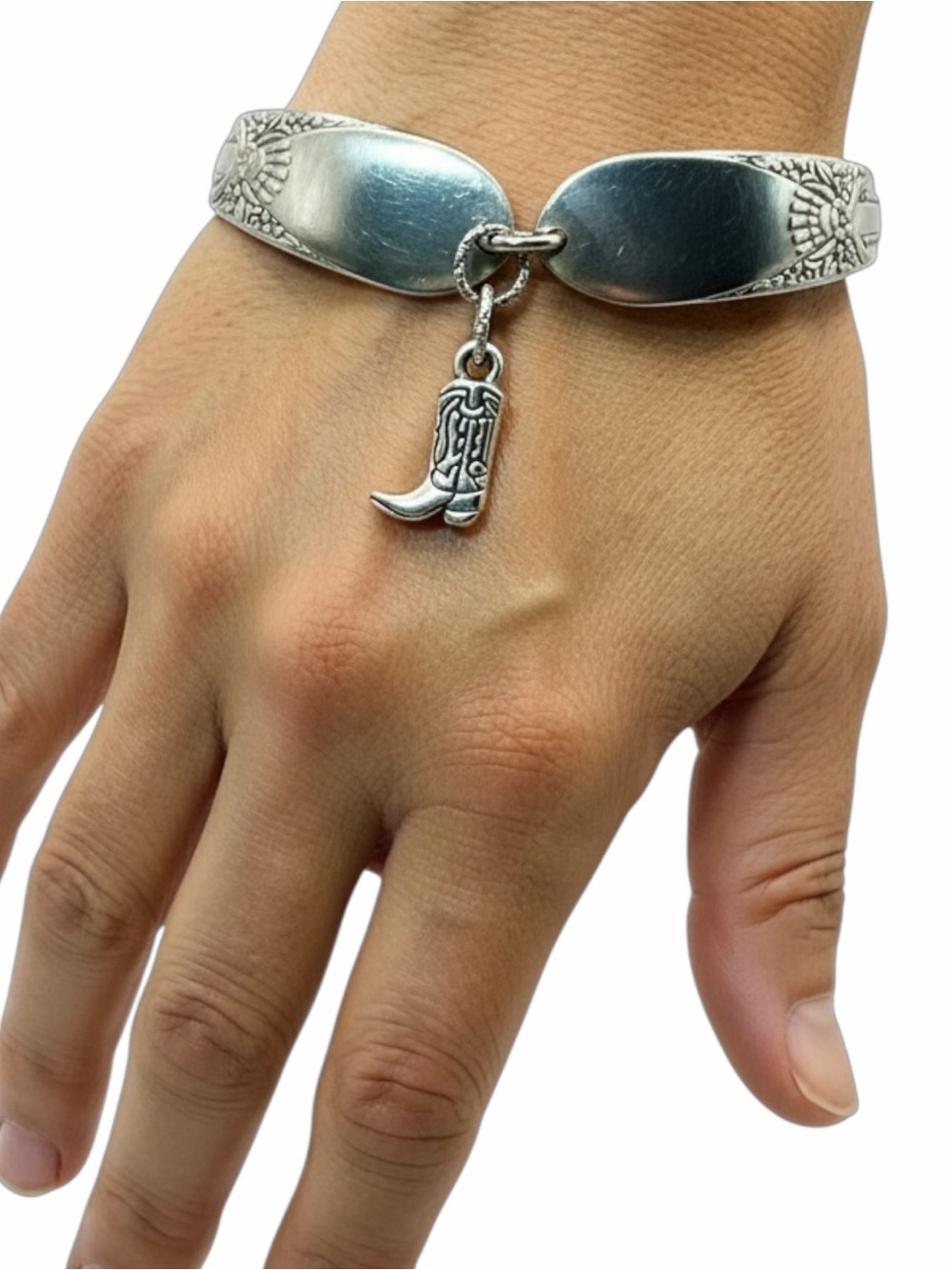 Vintage Spoon Bangle Bracelet - Floral Design Cowboy Boot Charm | Alma Antigua